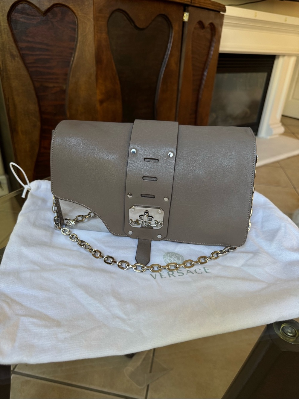 Versace Gray Leather Chain Shoulder Bag